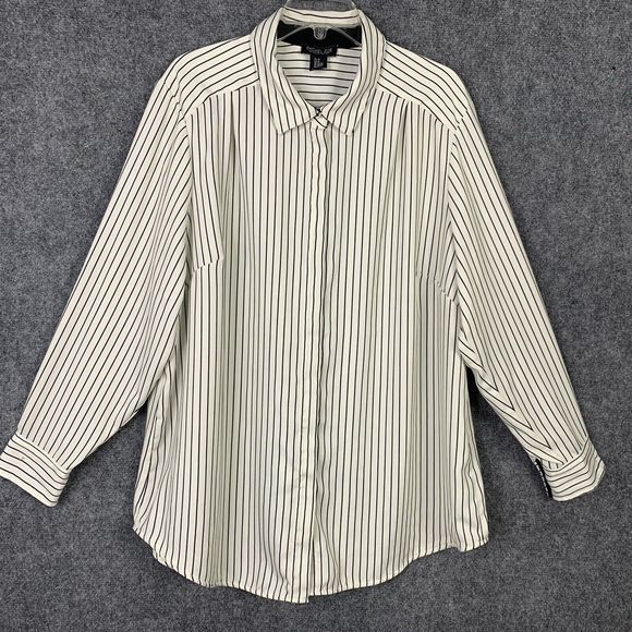 Rachel Zoe Button Up Silky Shirt Women 2X Hidden Buttons Ivory W/ Black Stripes - Picture 1 of 16